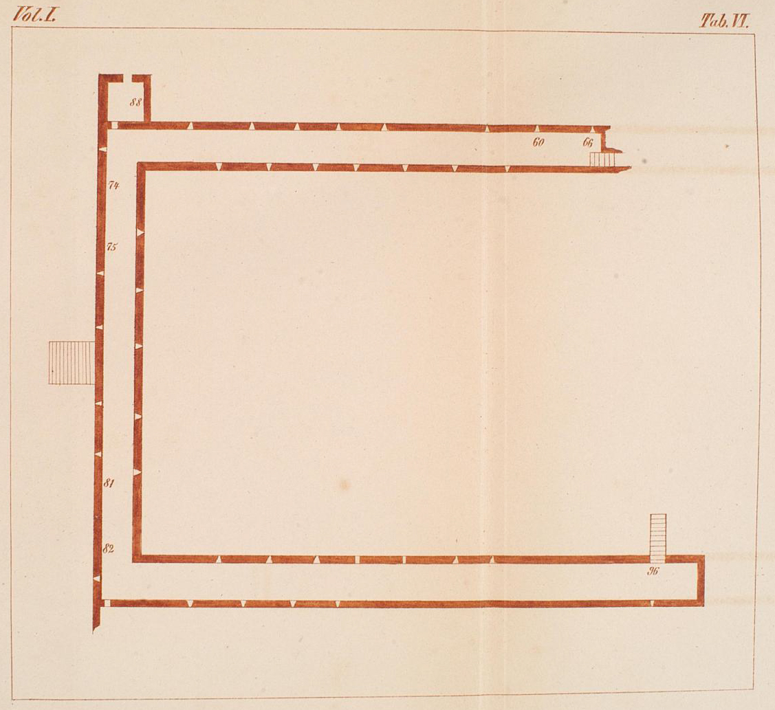 Villa of Diomedes. Plan of cellar by F. la Vega.showing find locations reported in PAH.
See Fiorelli G., 1860. Pompeianarum antiquitatum historia, Vol. 1: 1748 to 1818, Naples, Tab. IV, pp. 118-133, p. 156-160, p. 276-280. 